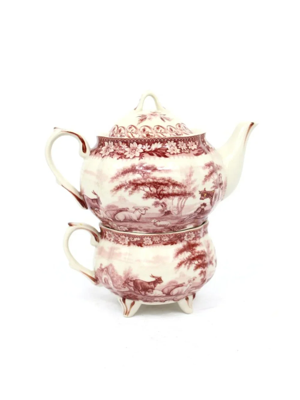 PORCELAIN RED TRANSFERWARE ANTIQUE REPRODUCTION STACKED TEA POT\DOUBLE STACK CUP